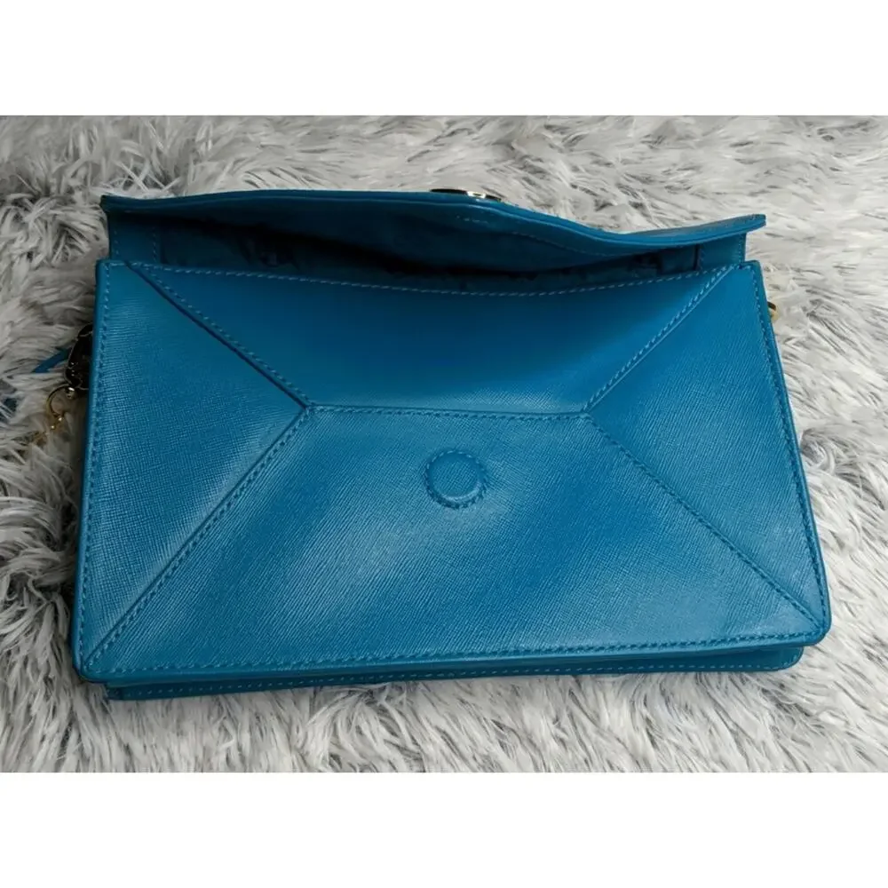Tory Burch Robinson Envelope Clutch Saffiano Leather Pocket Chain Turquoise Blue